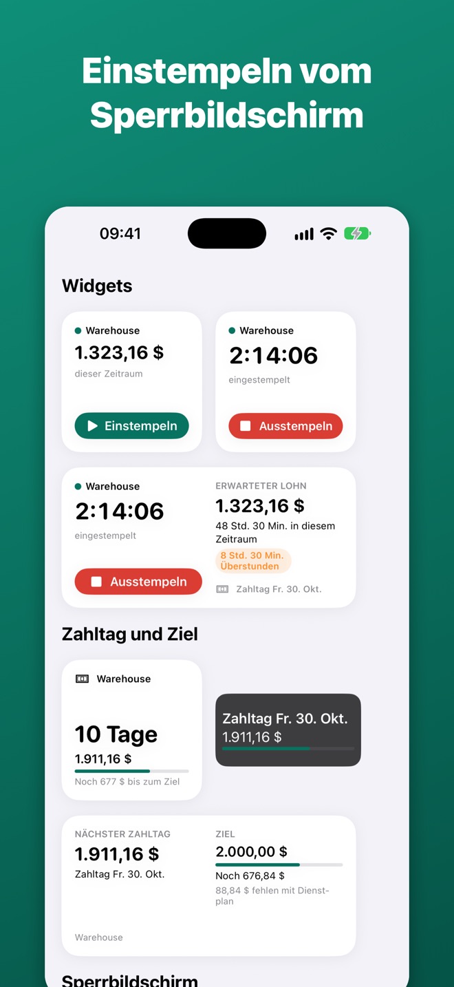 Widgets und Live-Aktivität mit einer Taste zum Einstempeln