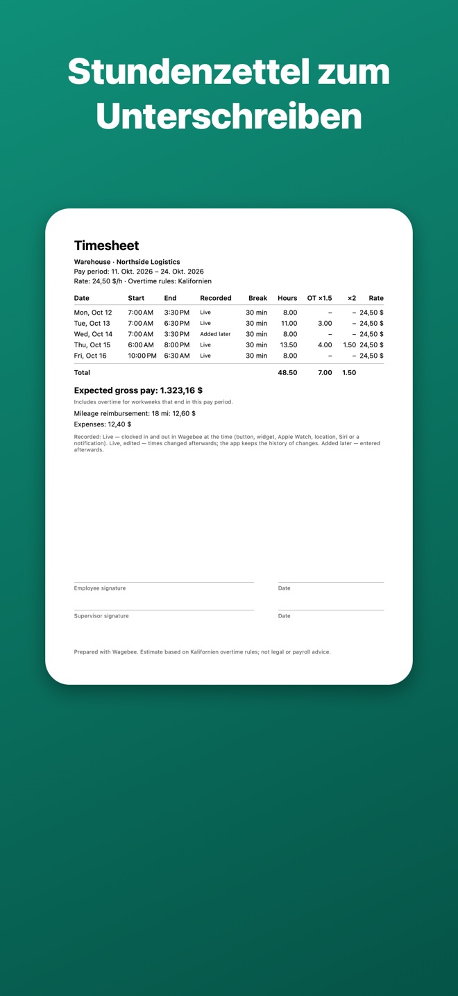 Stundenzettel als PDF mit Unterschriftszeilen