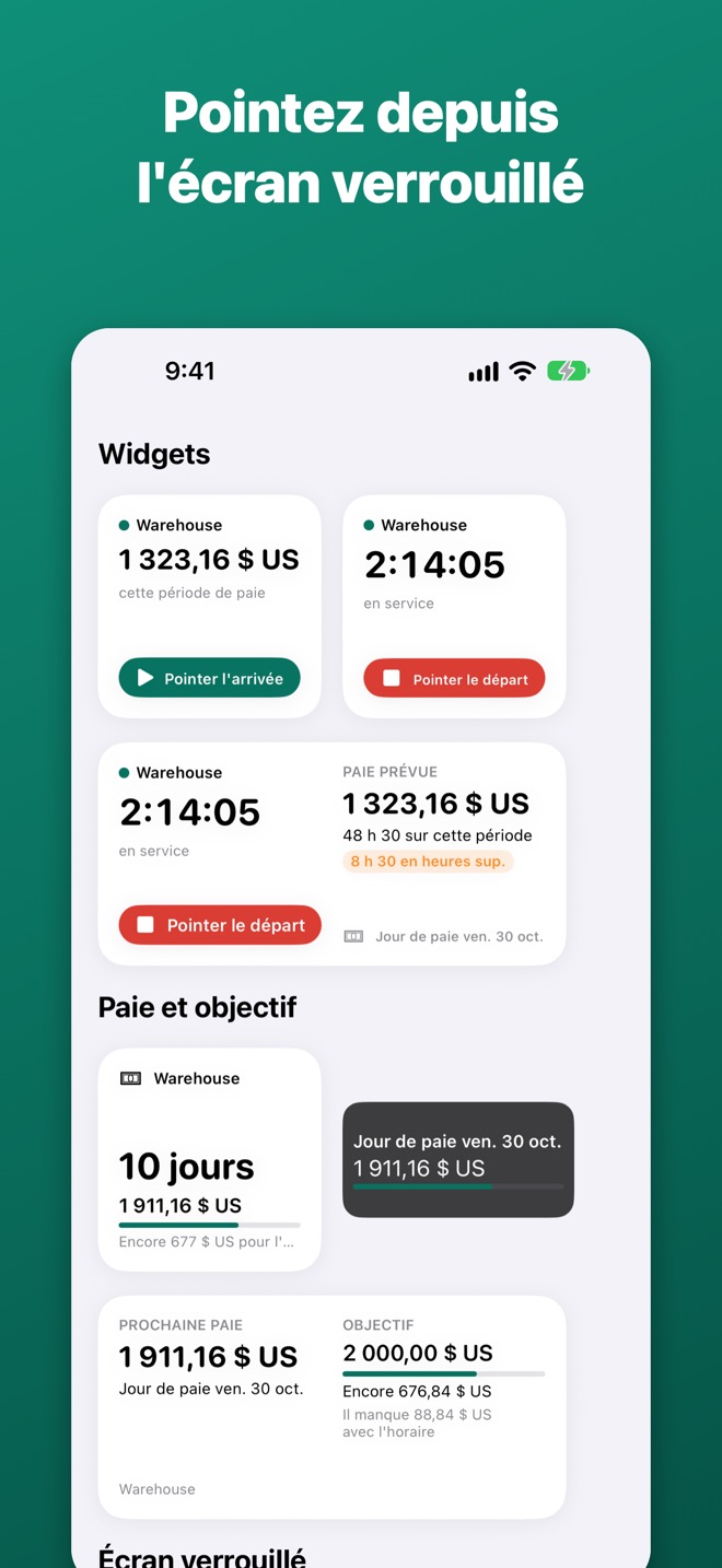 Widgets et Activité en direct avec un bouton Pointer l'arrivée